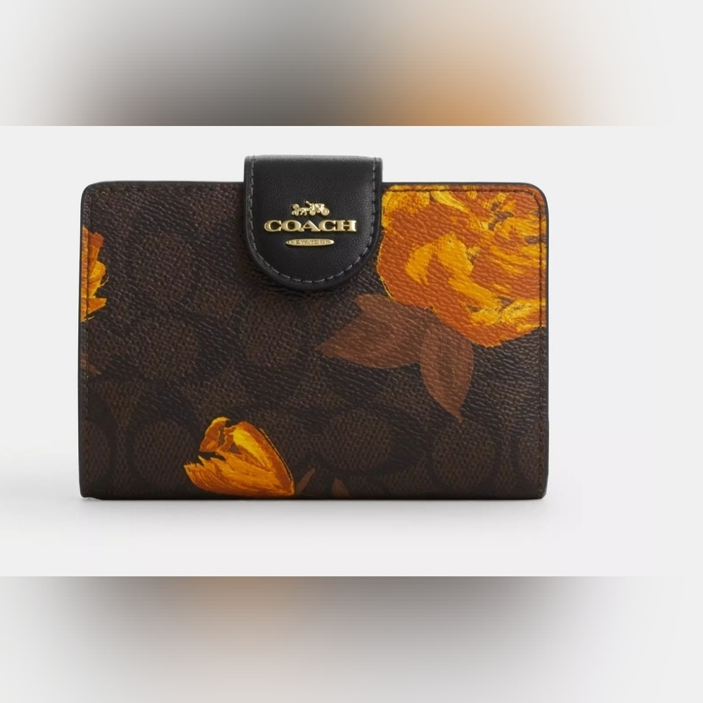 Coach Medium Corner Zip Wallet In Signature Canvas With Floral Pront